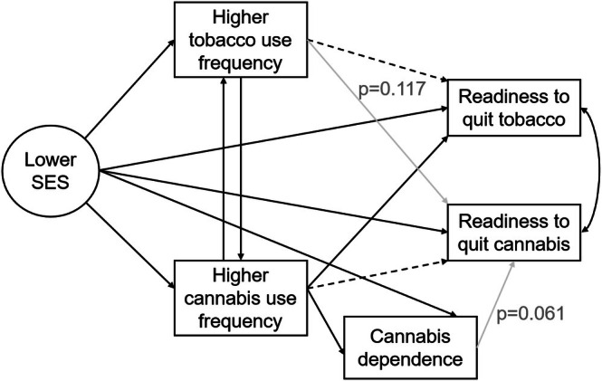 Final pathway relating a lower socioeconomic status to levels of readiness to quit tobacco and cannabis. Variables used to measure a low socioeconomic status (SES) are not represented; neither are age and gender. Plain arrows represent positive effects, and dash‐dotted arrows represent negative effects. The double‐headed arrow represents a covariance. Non‐significant relationships (p > 0.05) are represented in grey. A lower SES was positively associated with tobacco and cannabis use frequencies, as well as with cannabis dependence. A lower SES was positively associated with both levels of readiness to quit. Tobacco and cannabis use frequencies were reciprocally positively associated. Cannabis use frequency was positively associated with cannabis dependence. Tobacco use frequency was inversely associated with readiness to quit tobacco, and cannabis use frequency was inversely associated with readiness to quit cannabis. Cannabis dependence was non‐significantly positively associated with readiness to quit cannabis. Tobacco use frequency was non‐significantly positively associated with readiness to quit cannabis. Cannabis use frequency was positively associated with readiness to quit tobacco. Both levels of readiness to quit covaried.
