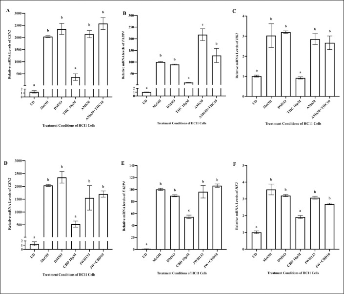 AM630 and JWH133 rescued the effect of THC and CBD, respectively, in HC11 cells.HC11 cells were seeded in base media for 24 hours (UD) and processed for total RNA isolation, as described in the methods. HC11 cells were differentiated in base media containing PRL, INS and DEX, as described in methods, and treated with vehicle controls (MeOH, DMSO), 10μM THC, 1μM AM630, and 1μM AM630 + 10μM THC for 4 days, during cellular differentiation and processed for total RNA isolation. The relative mRNA levels of CSN2 (A), HK2 (B) and FABP4 (C) were determined. Next, the HC11 cells were differentiated in base media containing PRL, INS and DEX, and treated with vehicle controls (MeOH, DMSO), 10μM CBD, 10μM JWH133, and 10μM JWH133 + 10μM CBD for 4 days, and processed for total RNA isolation. The relative mRNA levels of CSN2 (D), HK2 (E) and FABP4 (F) were quantified. Gene expression analysis was repeated with 6 distinct replicates, as described in methods. Results were represented as mean ± SEM, and compared using one-way ANOVA. Statistically significant changes were indicated by distinct letters on the bar graphs.