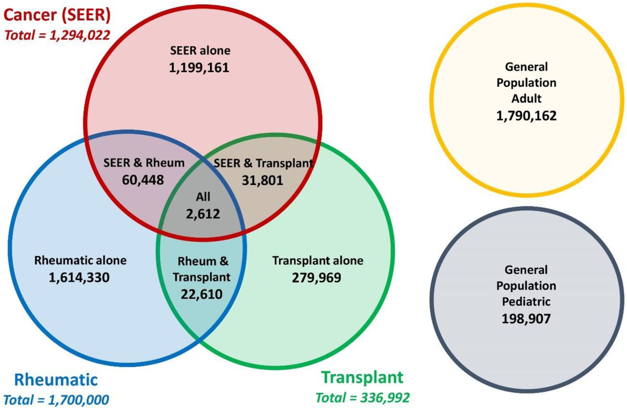 Venn diagram of CRWDi cohorts.Following the hierarchical cohort selection process shown in Figure 1, the final patient distributions between the three cohorts of immunocompromised patients are shown, to show the overlap of patients with more than one condition. The mutually exclusive adult and pediatric population cohorts also are shown. The circles are not to scale. The total number of deidentified patients totals exactly 5,200,000.