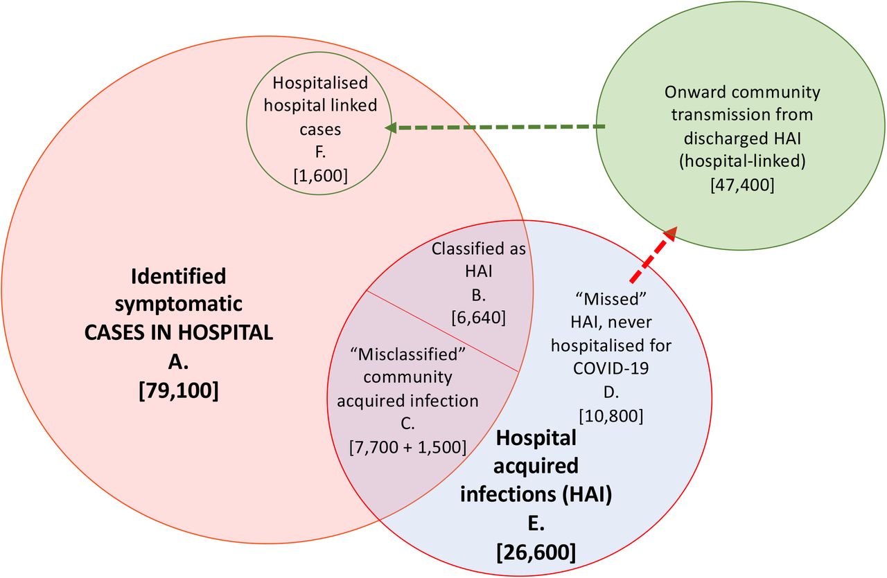Summary figure of estimated values for patients with hospital-acquired symptomatic infections and onward community transmission with a 7 day cut-off for symptom onset after admission and prior to discharge for defining a patient with hospital-acquired infection. Note here that the “misclassified” (C) includes those “missed” unidentified infections that return to hospital later as a hospitalised COVID-19 case (1,500 “community-onset, hospital-acquired” cases).
