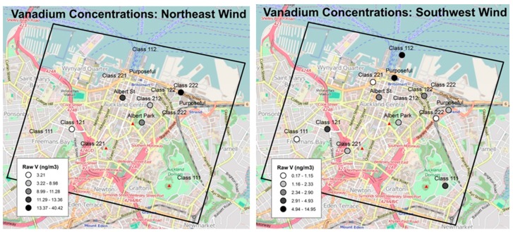 Maps of elevated vanadium concentrations were detected during Session 2 (predominant winds from north-east), versus lower concentrations during Sessions 1, 3, and 4 (winds from southwest). Note that maps are on different scales for visualization purposes.