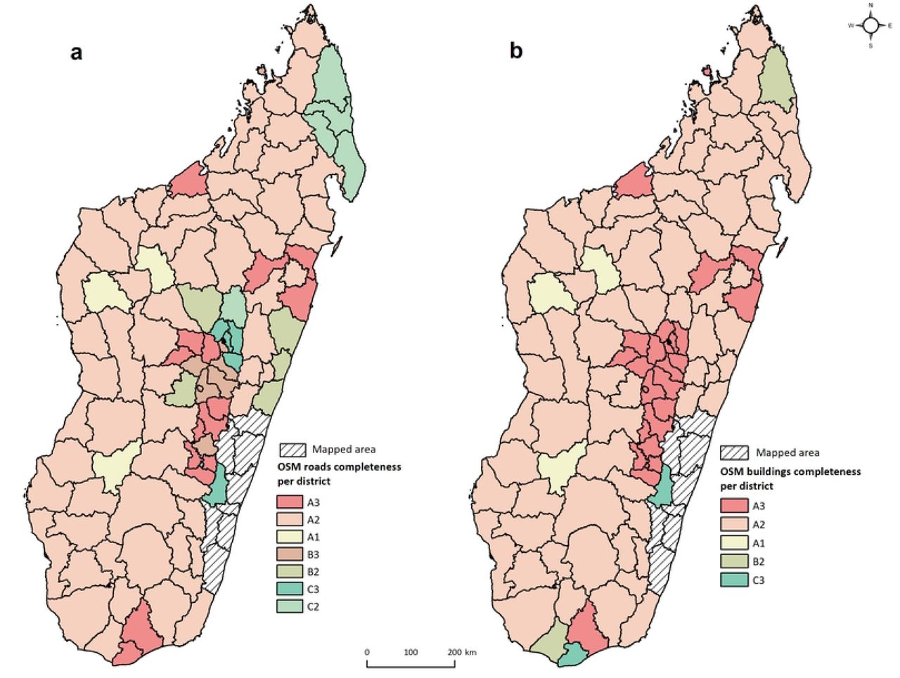 OpenStreetMap completeness per district for roads and buildings in Madagascar. (A) Map on left shows completeness classes for roads. (B) Map on right for buildings, based on Kontur’s Disaster Ninja framework.