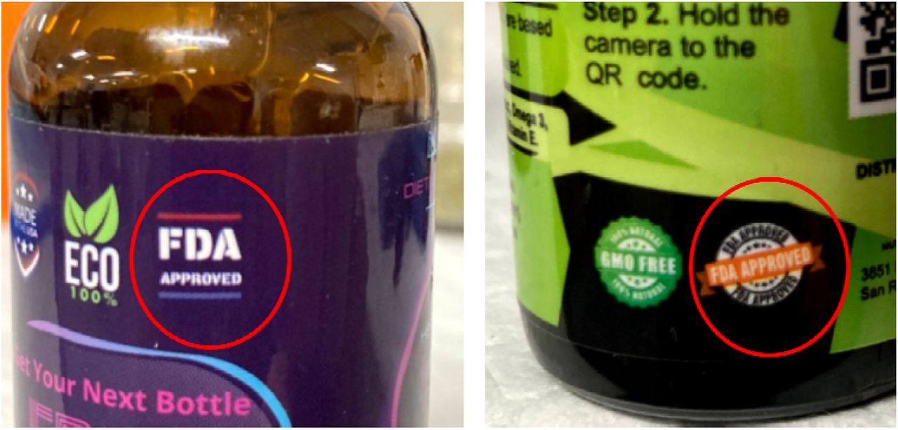Two example products with misrepresentations stating the endorsement of the Food and Drug Administration on their respective contents.