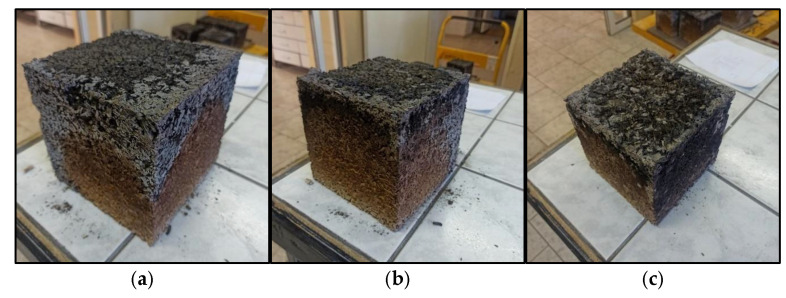 Sample after fire resistance test in muffle furnace for 45 min: (a) LC (hempcrete); (b) LM (hempcrete with metakaolin); (c) LA (hempcrete with FBC fly ash). (Source: own photo).
