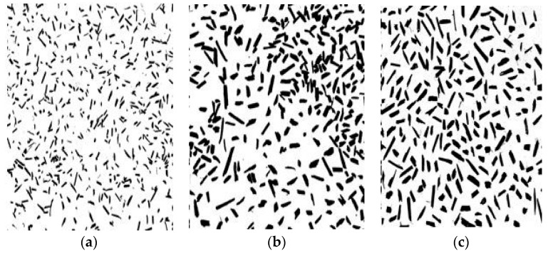 Binary image of aggregate size distribution of HS1 (fine, (a)), HS2 (medium, (b)) and HS3 (coarse, (c)) obtained through a 2D-image analysis technique.