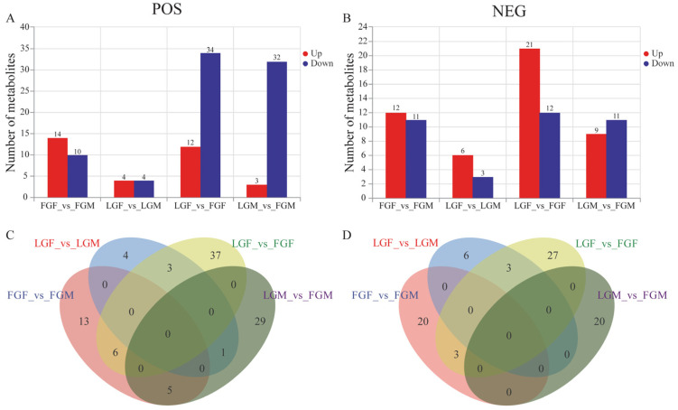 (A) Histogram of the number of DEMs screened for each group in the positive ion mode; (B) histogram of the number of DEMs screened for each group in the negative ion mode; (C) Venn diagram of DEMs in each group under positive ion mode; (D) Venn diagram of DEMs in each group under negative ion mode.
