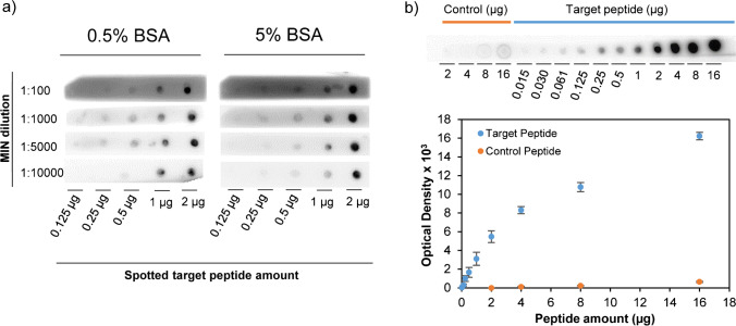 a Results obtained from dot blot experiments using different dilutions of MIN after membrane blocking with 0.5% or 5% BSA. b Dot blot experiment carried out using a single membrane spotted with detailed amounts (µg) of the target and control peptides. The graph below depicts the optical densities corresponding to each spot