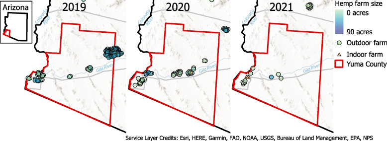 Active grows in Yuma County for 2019, 2020, and 2021, respectively. In 2019, there were 99 active grows in Yuma and surrounding areas and 70 within the Yuma County boundary. No indoor grows were in the area. In 2020 and 2021, there were 40 and 13 active growers in Yuma, with only one and three indoor grows, respectively. The acreage information was only available for outdoor grows, not indoor grows