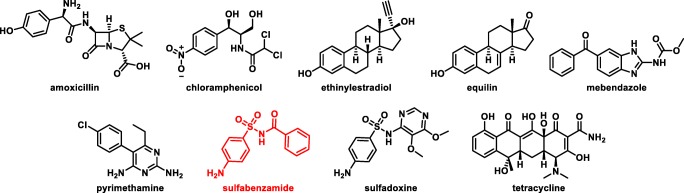 Drug molecules screened as potential acceptors in NphB-catalyzed reactions. The identified hit is highlighted in red