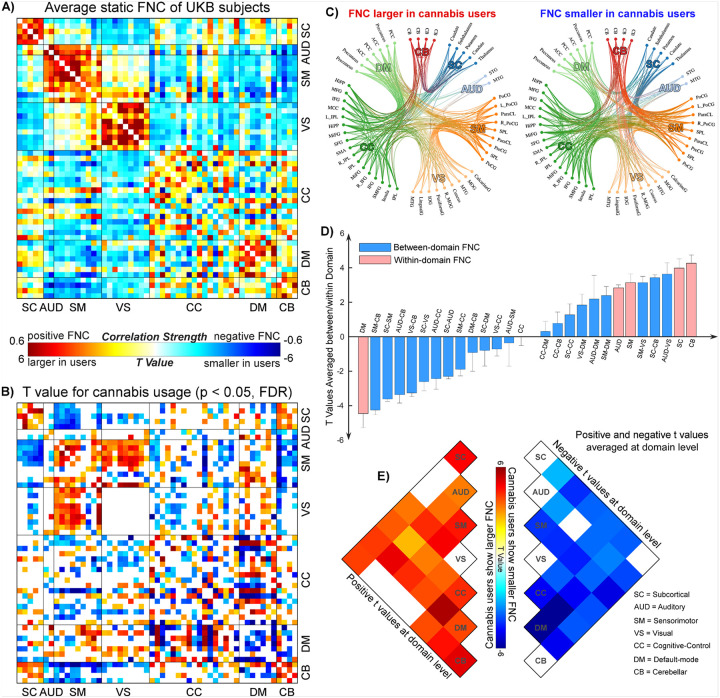 NeuroMark FNC and the FNC changes associated with cannabis use in older adults. A) Averaged FNC patterns across UKB subjects extracted by the NeuroMark framework. 53 ICNs are ordered into 7 functional domains for the presentation. B) Significant t values from the LMM analysis of the FNC changes associated with cannabis use (p < 0.05, FDR corrected). Warm color indicates larger FNC in cannabis users, while cool color indicates smaller FNC in cannabis users. C)Circular plots show the FNCs that are significantly larger and smaller in the cannabis group, respectively. D) Distributions of t values averaged at the domain level. For each pair of domains (within-domain and between-domain), we averaged the t values of all FNCs belonging to that domain pair. E) The cell plots show the domain-level representation of t values with positive and negative weights, respectively. Positive and negative values were summarized separately for each domain pair to demonstrate their relative contribution.