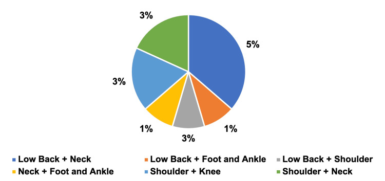 Patient with two orthopedic concernsLow back pain + neck pain = 4, low back pain + foot and ankle pain = 1, low back pain + shoulder pain = 1, neck pain + foot and ankle pain = 1, shoulder pain + knee pain = 2, and shoulder pain + neck pain = 2