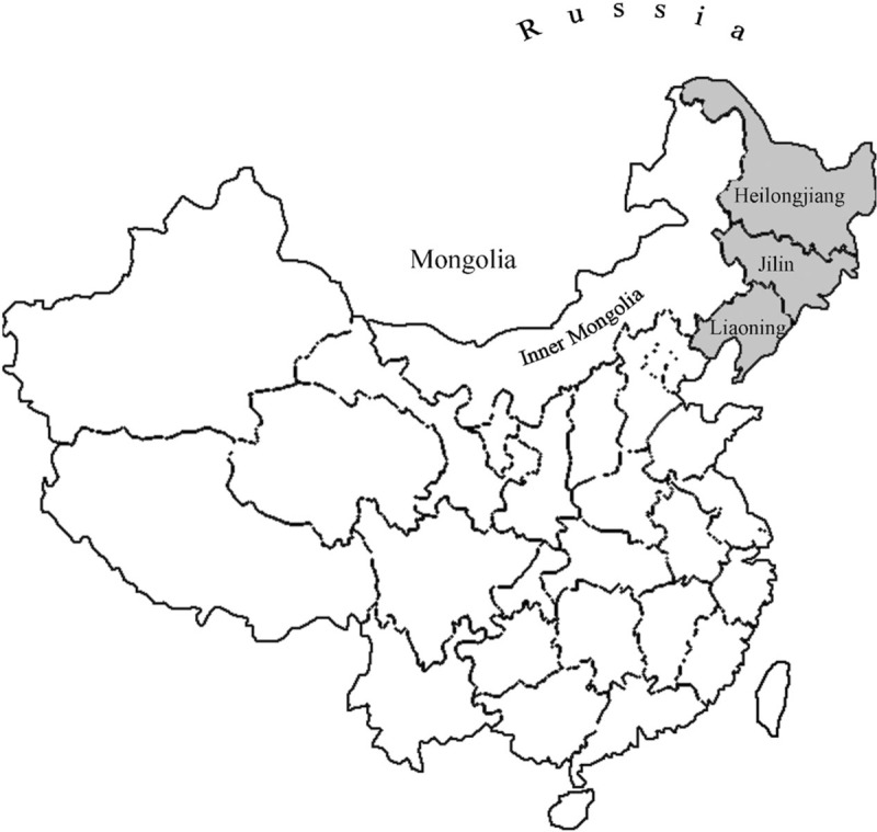 Map of the Chinese northeast (NE) region from which patients were recruited as a NE-derived cohort (Heilonjiang, Jilin, and Liaoning provinces).