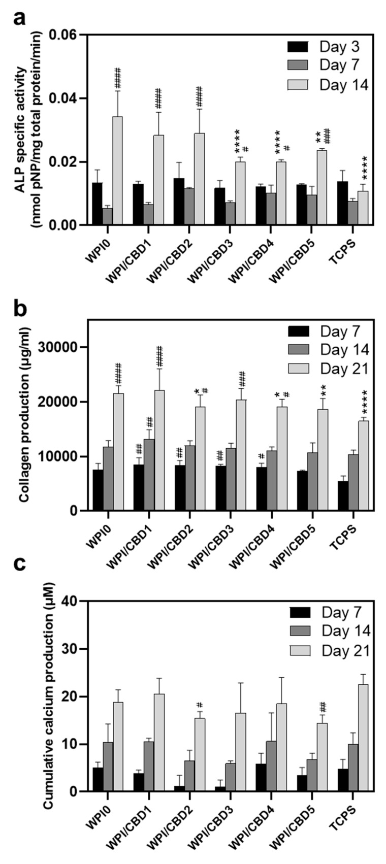 Assessment of the osteogenic potential of MC3T3-E1 pre-osteoblastic cells cultured on WPI/CBD hydrogels; (a) the expression of normalised ALP-specific activity on days 3, 7, and 14, (b) collagen production, and (c) calcium production by pre-osteoblasts on days 7, 14, and 21. Each bar represents the mean ± SD of n = 6 (* p < 0.05, ** p < 0.01, **** p < 0.0001; compared to the WPI0 control) (# p < 0.05, ## p < 0.01, ### p < 0.001, #### p < 0.0001; compared to the TCPS control), while the absence of asterisks in the graph of calcium production (c) signifies statistically non-significant differences when compared to the WPI0 control.