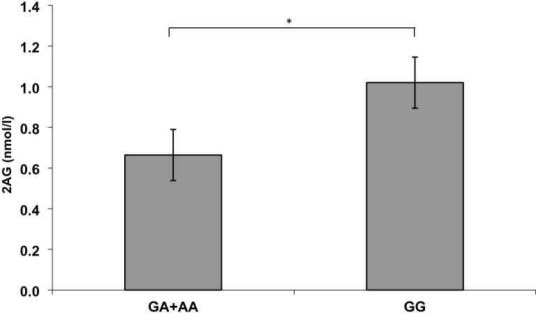 Plasma level comparison of the endocannabinoid 2AG between the A-allele carriers and the GG carriers of the rs 1049353CNR1 variation (*p < 0.005, significant one-way ANOVA)