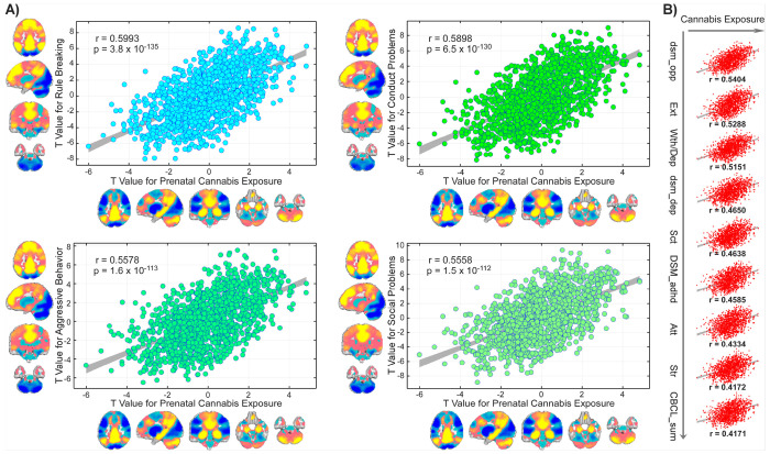 Overlap between prenatal cannabis exposure (PCE)–related functional connectivity alterations and offspring mental health during late childhood. The positive correlations between PCE- and Child Behavior Checklist (CBCL)-related functional network connectivity (FNC) patterns align with their behavioral relationship.A) Four CBCL syndrome scales for—rule-breaking behavior, conduct problems, aggressive behavior, and social problems—show the strongest positive correspondence in t-statistics with PCE-related FNC alterations (r = 0.5558 to 0.5993, p < 1 × 10−10). Network-level mapping illustrates the spatial convergence of these associations across large-scale brain systems, except for the cerebellum. B) Nine additional CBCL syndrome scales exhibit positive correlations with PCE-related t-statistics exceeding r = 0.40, indicating broad convergence of PCE-linked neural alterations with individual differences in mental problems.
