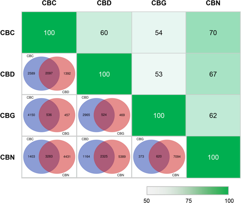 Similarities between the DEGs induced by the different cannabinoids. Overlapping of the DEGs between each pair of compounds is illustrated by the Venn diagrams at the bottom left corner. The overlap coefficients are shown at the top right corner. Overlap coefficient between A and B was calculated as: overlap (A, B) =|A ∩ B|/min(|A|, |B|)
