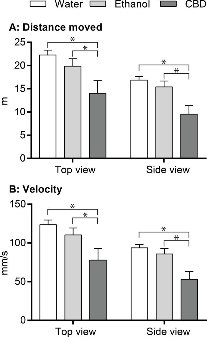 Swimming behaviour of zebrafish reflected by the mean distances and the mean swimming velocities after 30 min exposure to either CBD dissolved in ethanol, ethanol alone or water.The top views and the side views are treated individually. *: p<0.05, Student’s t-test.
