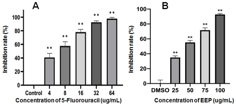Inhibitory rates of 5-Fluorouracil (A) and ethanol extract of propolis (EEP) (B) against the proliferation of A431 cells for 48 h (** indicates significant differences compared with the solvent control group. p < 0.01).