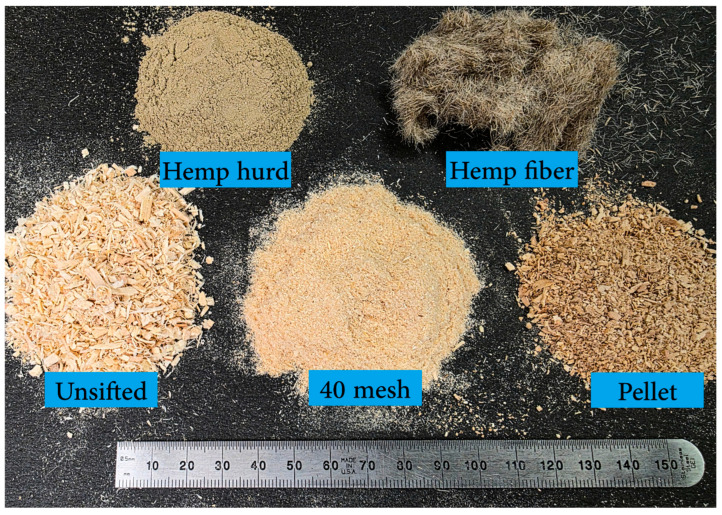 Wood fibers, hemp hurd, and hemp fiber.