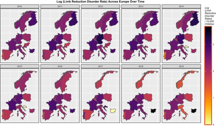 Time sequential map graph of log rates of limb reduction anomalies across Europe for studied nations