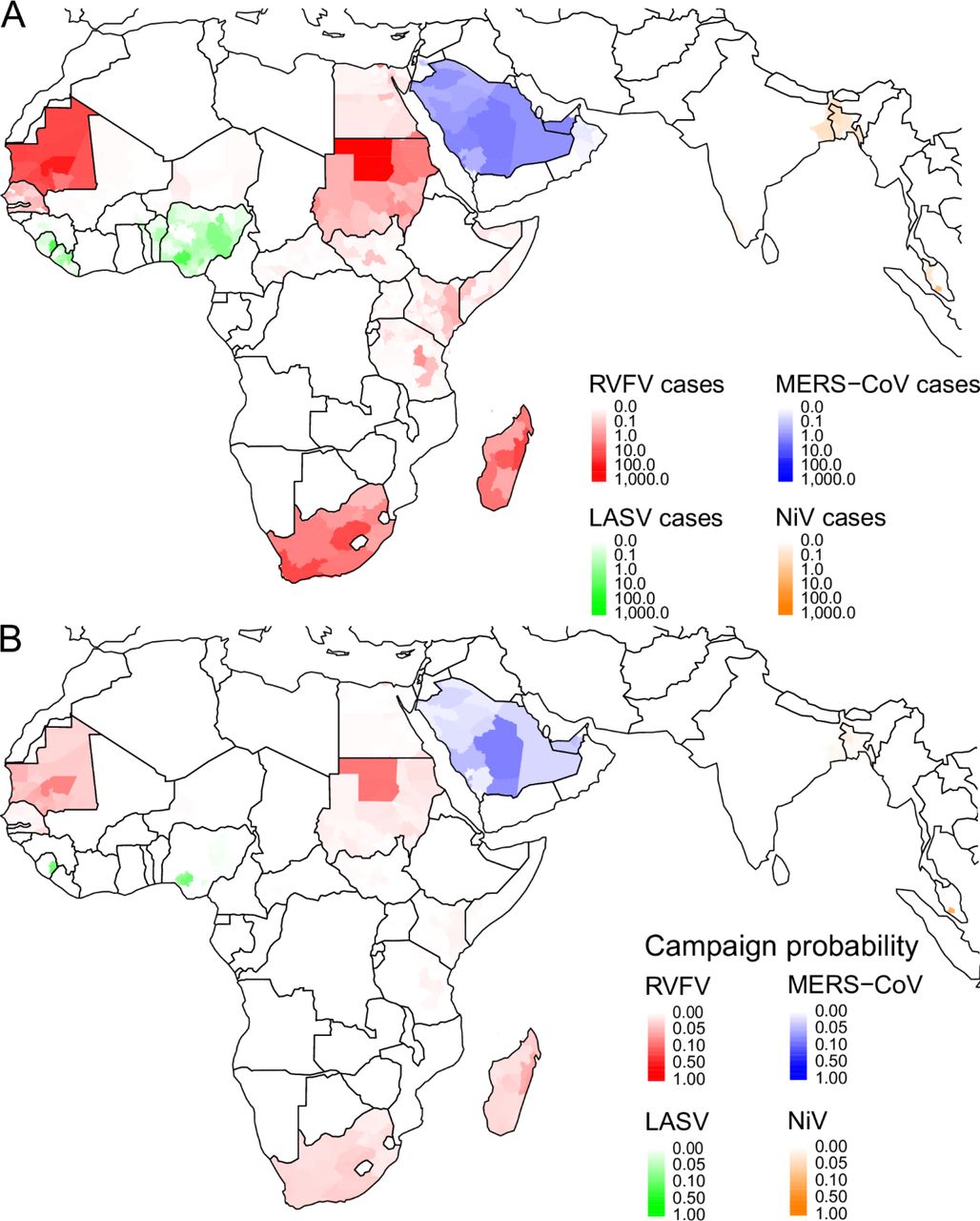 Geographic distribution of predicted spillover cases and reactive vaccination campaigns.(A) Geographic distribution at the 2nd administrative level (adm2) of the expected annual number of spillover cases for each pathogen. (B) The annual probability that a campaign will be triggered in each adm2 catchment area based on 1,000 simulations.