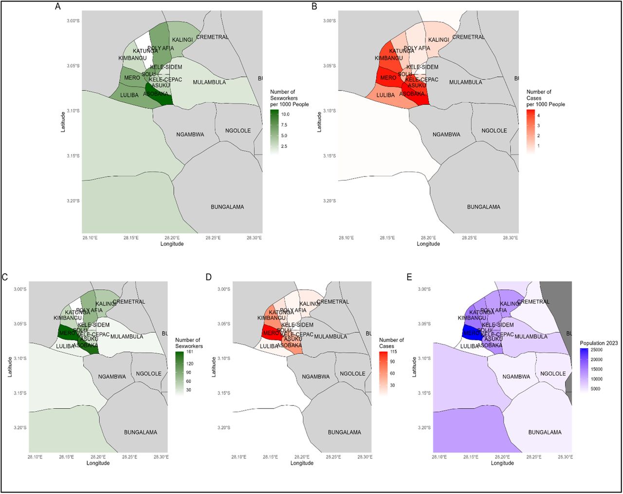 Map(A) reports the sex workers per 1000 inhabitants, Map(B) reports the numbers mpox cases per 1000 inhabitants, Map(C) reports the number of sex workers, Map(D) reports the number of mpox cases, Map(E) reports population density (2023) per health area in Kamituga health zone, between September 29th, 2023 and April 21th, 2024, South -Kivu, DRC.