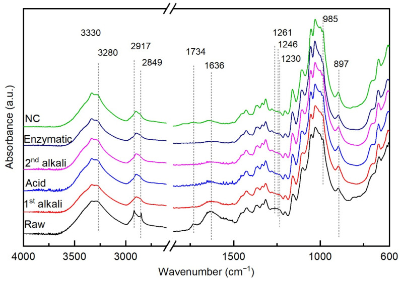 FTIR spectra of the hemp fibers, raw and after the pretreatments, and of the hemp nanocellulose.