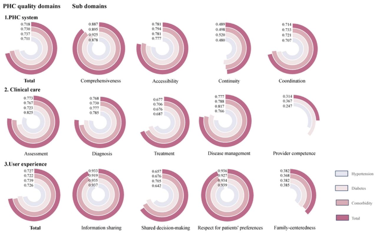 Average quality domain and sub-domain score of PHC for hypertension, diabetes, and comorbidity.For quality score, 0 represents the lowest quality, and 1 represents the highest quality.