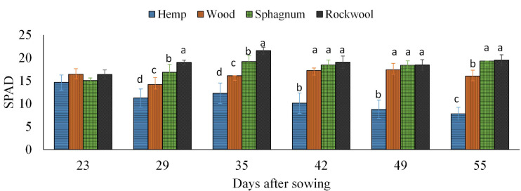 Measured SPAD values in lettuce plants grown in different substrates. Mean SPAD values measured on 6 consecutive weeks. Significant differences between the substrates are indicated by different lower case letters (HSD-Test, p < 0.05, Mean ± Standard deviation, and n = 9).