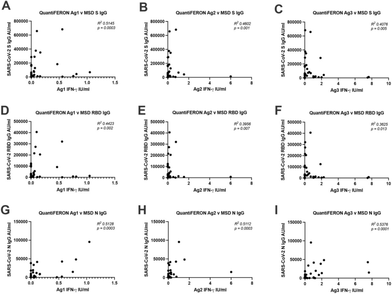 Correlation between T cell responses measured by QuantiFERON and antibodies measured by MSD binding assay.(A-C) Correlation between QuantiFERON Ag1, Ag2 and Ag3 with MSD S IgG. (D-F) Correlation between QuantiFERON Ag1, Ag2 and Ag3 with MSD RBD IgG. (G-I) Correlation between QuantiFERON Ag1, Ag2 and Ag3 with MSD N IgG. N = 47 for each analysis. Correlation analysis was carried out with Spearman’s r correlation and two-tailed P values reported, with alpha = 0.05.