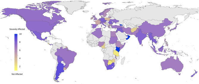 Severity of being affected by COVID-19 outbreak among people with SUDs reported by 177 respondents from 77 countries. Addiction medicine professionals were asked to report how seriously people with SUDs in their countries have been affected by the COVID-19 pandemic using a range of between 1 and 10: 1 representing Not affected, demonstrated with yellow at the beginning of the spectrum, and 10 representing Severely affected at the end of the spectrum, indicated with blue. Responses were collected beginning April 4, 2020 and through a 5-week period.