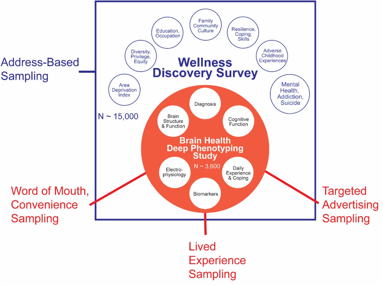 Illustration of how the SOAR Study includes an address-based sampling (ABS) sample representative of state of Ohio with broad light phenotyping Wellness Discovery Survey, and a Deep phenotyping, family-based Brain Health Study, which includes the Wellness Discovery Survey items plus additional questionnaires and multimodal biological, psychological and social measures.