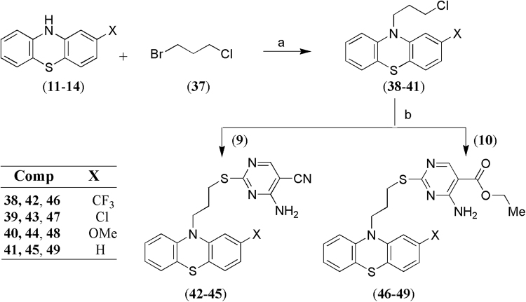 Synthetic pathway for compounds (42–49). Reagents and conditions: (a) NaH, DMSO, THF, 0 °C; (b) K2CO3, DMF, rt.