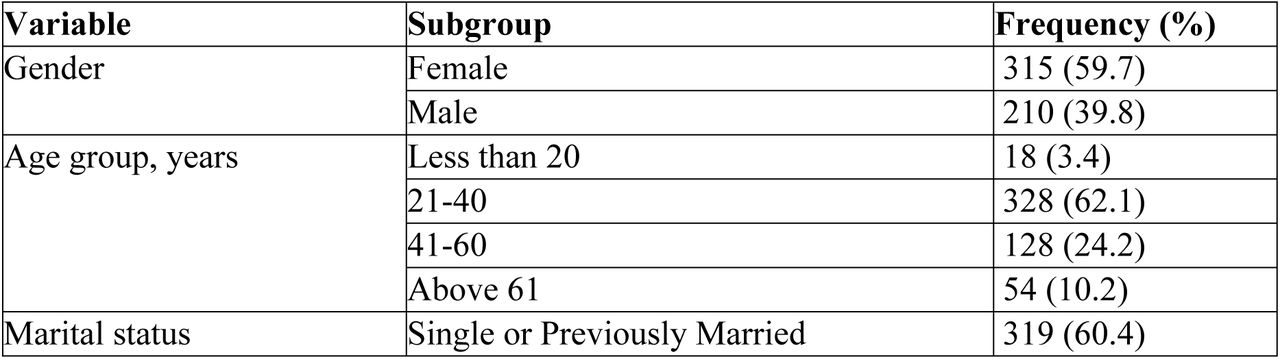 Socio-demographic characteristics of the study participants (N=528).