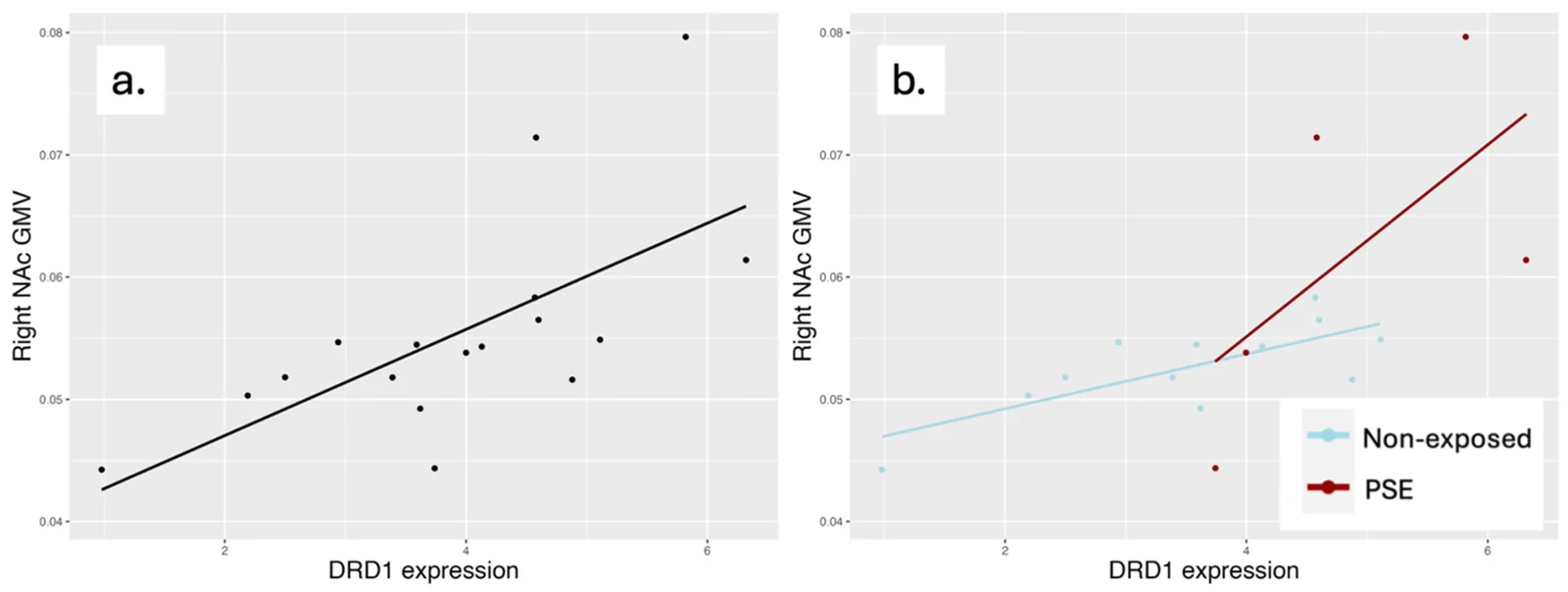 Scatterplots of the association between placental dopamine receptor D1 (DRD1) gene expression and right nucleus accumbens (NAc) gray-matter volume (GMV) as (a) the full sample and (b) stratified by non-exposed and prenatal substance-exposed (PSE) status. GMV values are unadjusted (raw).