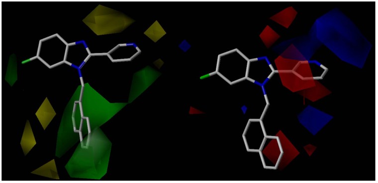 Left: CoMFA steric contour map for the most active compound 39. The green contour indicates where a bulky group favors activity, while the yellow contour indicates where a small group favors activity. Right: CoMFA electrostatic contour map for the most active compound 39. The blue contour indicates where positive charge favors activity, while a red contour indicates where negative charge favors activity.