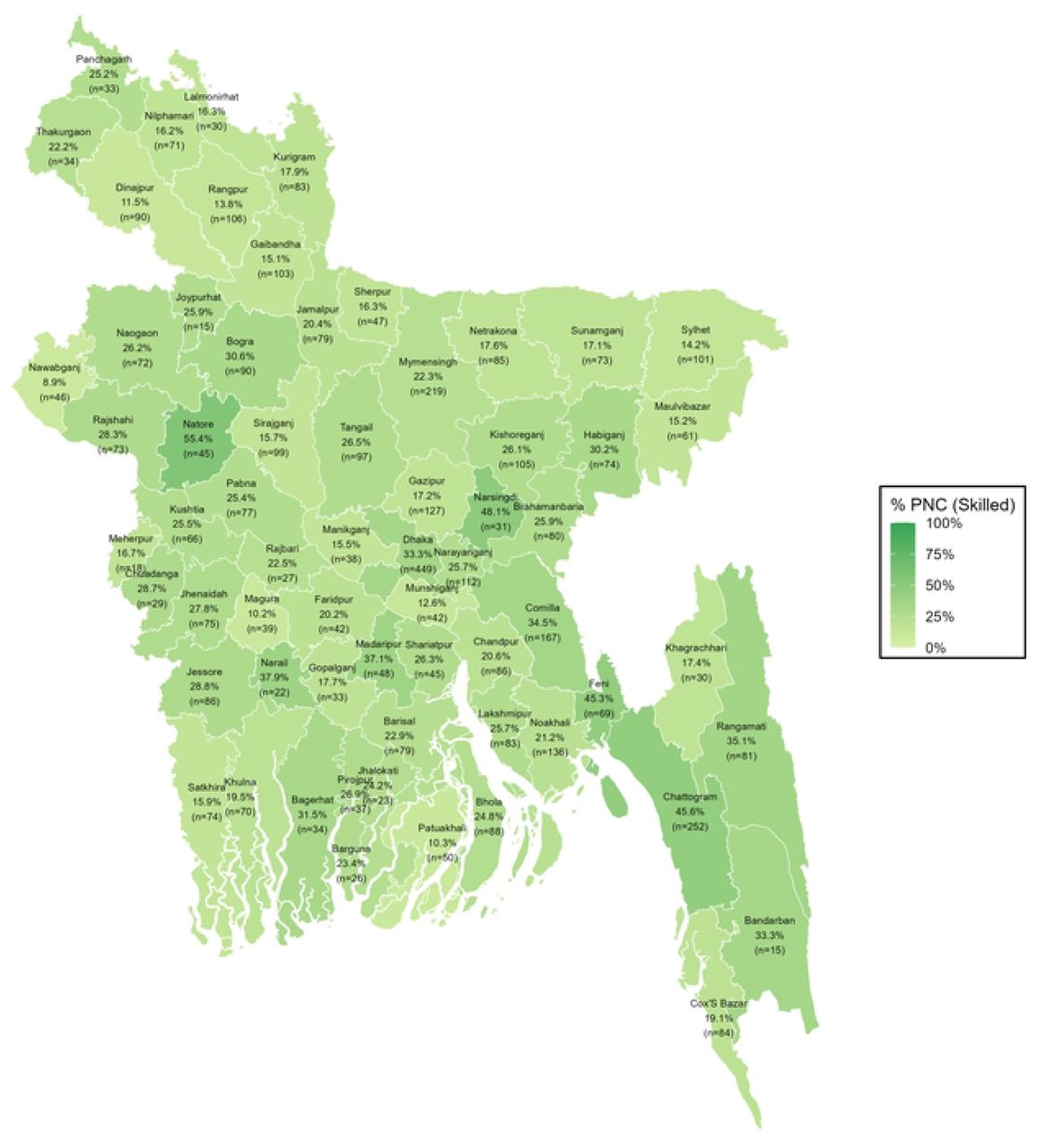 District-wise distribution of PNC utilization from skilled providers among all women