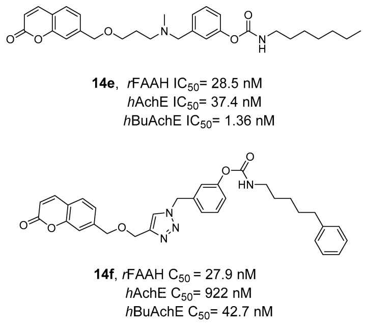 Chemical structure of FAAH/ChE inhibitors 14e and 14f.