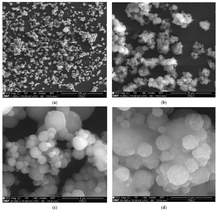 Scanning electron microscopy analysis of CBD-loaded cNLC at different resolutions, (a) 1000×, (b) 5000×, (c) 25,000×, and (d) 50,000×.