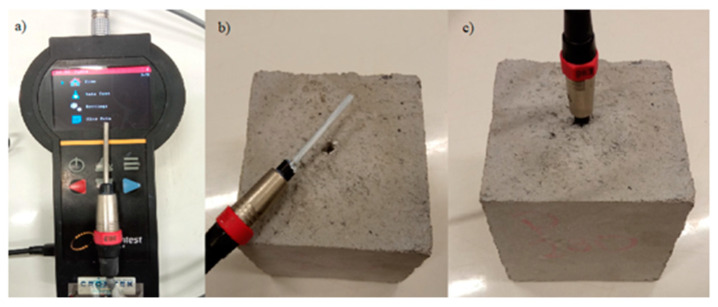 TLS-50 equipment used to measure conductivity and thermal resistance on concrete samples. (a) Main equipment device, (b) example of concrete sample and sensor needle with thermal paste, (c) example of measurement through the hole previously drilled in concrete sample.
