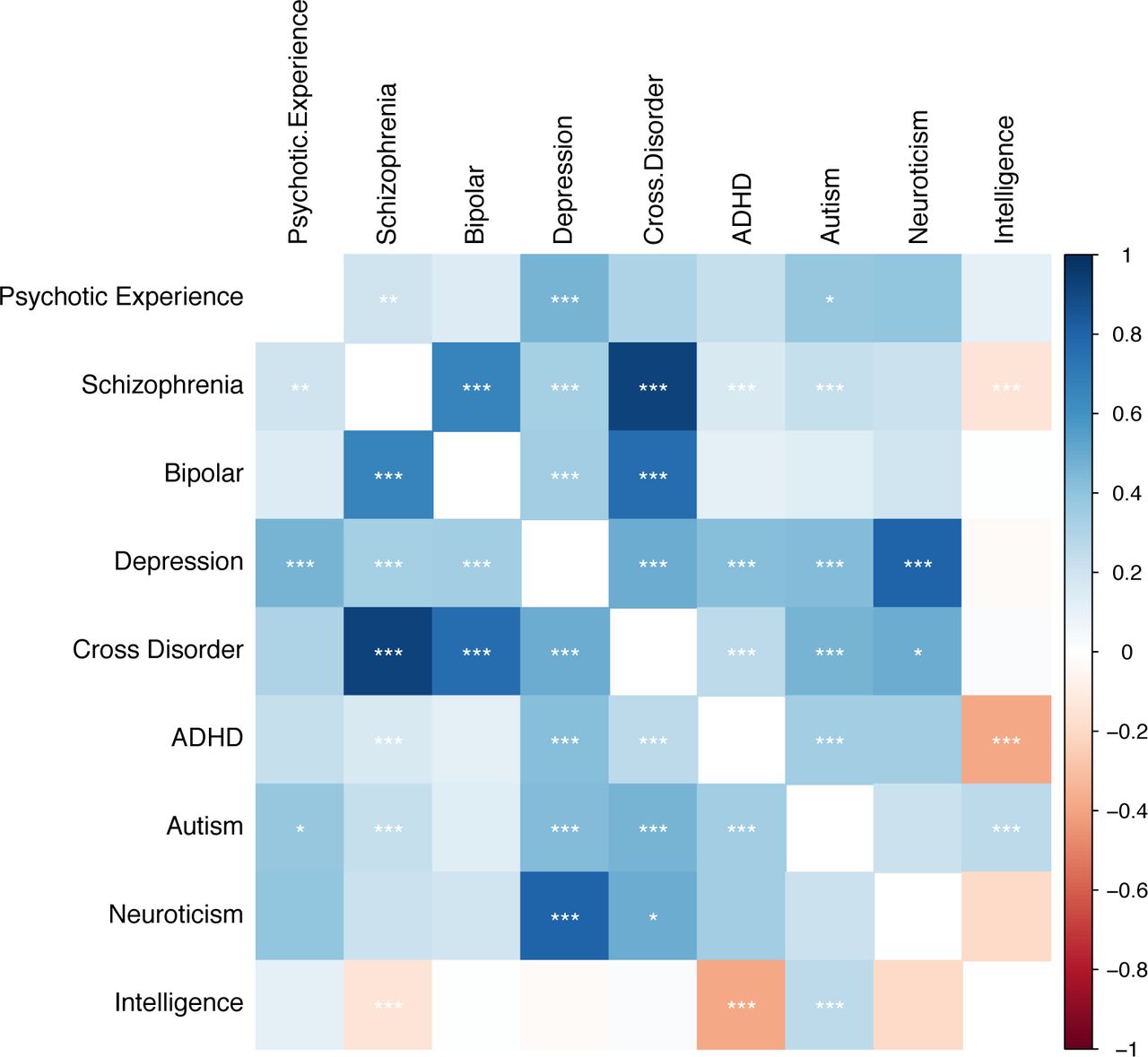 Genetic correlation analysis. Colour corresponds to the strength of the correlation (rg) and stars correspond to the statistical significance of the correlation (* P < 0.003, ** P < 0.0001, *** P < 0.00001). Positive correlations are shown in blue and negative correlations in red.