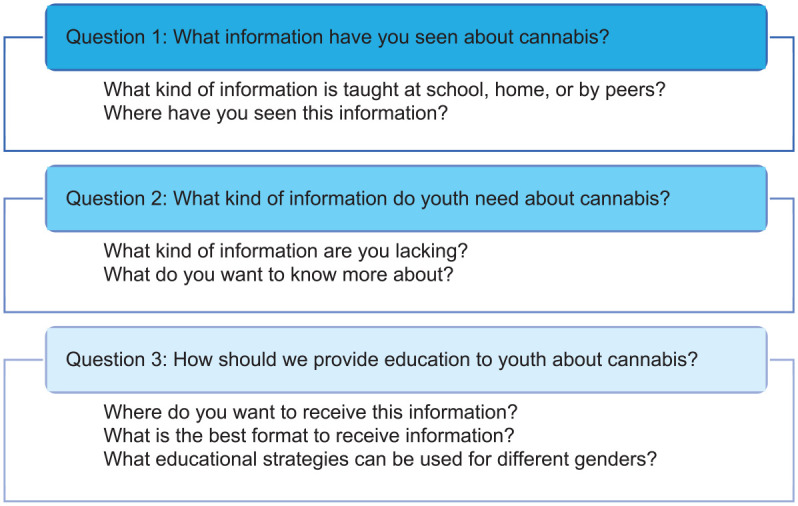 Semi-structured interview questions and probes for cannabis education discussion.