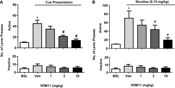 Effects of VDM11 on cue and nicotine priming reinstatement of nicotine-seeking behavior. In (A), a significant reinstatement of nicotine- seeking behavior was produced by presentation of nicotine-associated cues in non-treated animals (*p < 0.01). Pre-treatment with VDM11 [3 and 10 mg/kg, IP 30 min pre-treatment time (PTT)] significantly reduced cue-induced reinstatement of nicotine-seeking behavior (#p < 0.05). In (B), a significant reinstatement of nicotine-seeking was also produced by pre-treatment with nicotine (0.15 mg/kg) (*p < 0.01). VDM11 (3 and 10 mg/kg, IP 30 min PTT) significantly reduced the reinstatement of nicotine-seeking behavior induced by a priming injection of 0.15 mg/kg nicotine administered 10 min before the session (#p < 0.05). Data are expressed as means (±SEM) of the number of active lever presses during extinction (BSL) vehicle pre-treatment (visual cues). The figure and its caption have been reproduced with permission from Ref. (116).