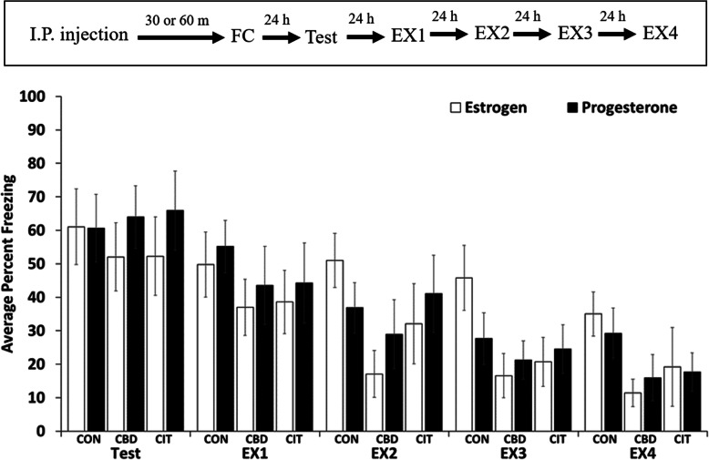 Phases of the estrous cycle did not affect the strength of auditory-cued memory assessed 24 h after conditioning. Results for the other memory types appeared similar (data not shown). Therefore, while certain gender differences were apparent in the effects of CBD and citalopram on fear memory acquisition and extinction, whether female mice were in an estrogen- or progesterone-dominated phase of the sex cycle was not a factor in the experimental outcomes reported in this study. The timeline for the experiment is shown in the inset above