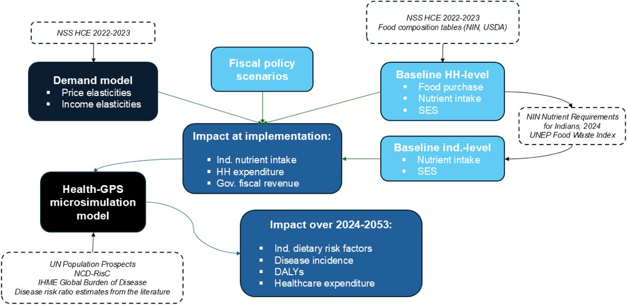 Analysis steps flow chartNotes: DALYs: Disability-adjusted life years; Gov: Government; HH: Household; IHME: Institute for Health Metrics and Evaluation; Ind: Individual; NIN: National Institute of Nutrition; NSS HCE: National Sample Survey Household Consumption Expenditure; SES: Socio-economics characteristics; UN: United Nations; UNEP: United Nations Environmental Programme; USDA: United States Department of Agriculture.