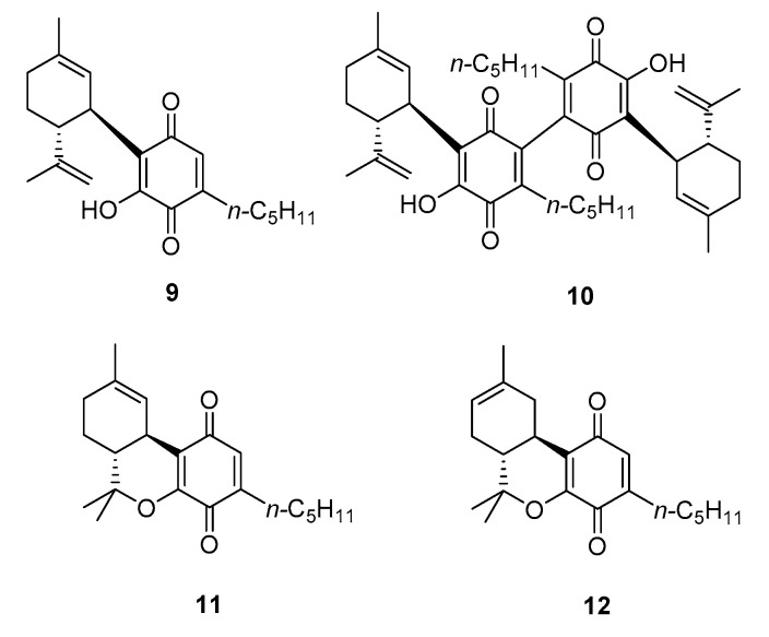 Structure of p-CBDQ (HU-331, 9), its dimer (10), p-Δ9-THCQ (11) and p-Δ8-THCQ (12).