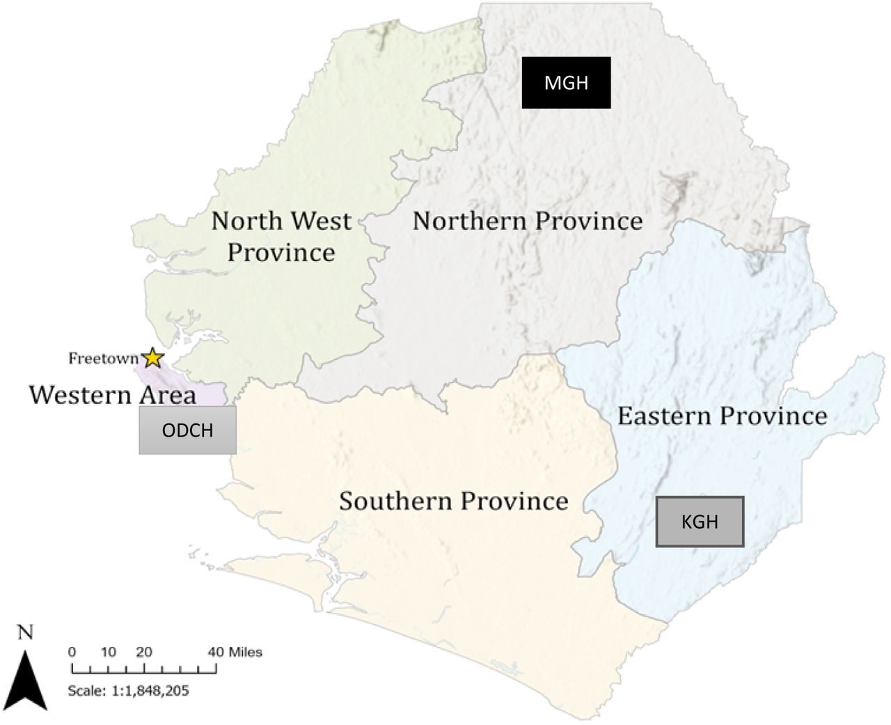 Administrative map of Sierra Leone showing the locations of the three study sites (created by Katherine A. Gruber). ODCH = Ola During Children Hospital in Freetown, KGH = Kenema Government Hospital, in Kenema District, MGH = Magburaka Government Hospital in Tonkolili District