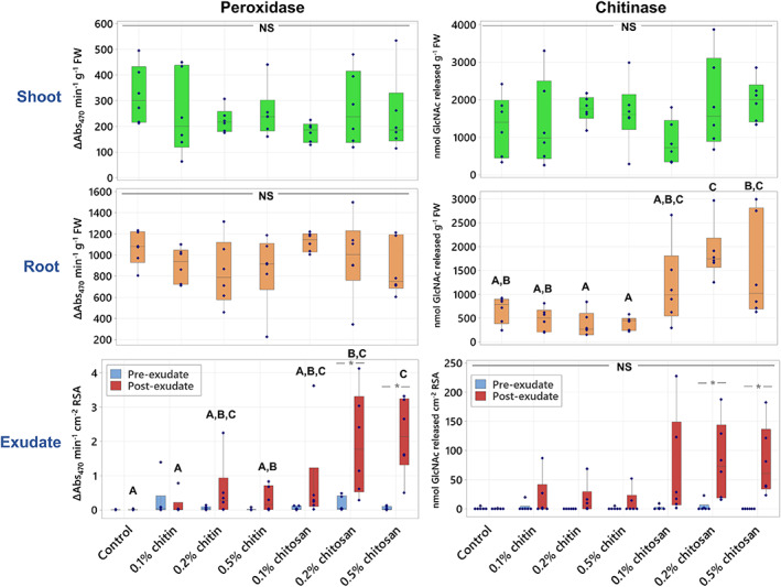 Peroxidase and chitinase activities measured from shoot and root tissues and pre‐ and post‐exudates of control, chitin and chitosan treatments within six biological replicates. Letters (A–C) refer to statistically significant difference (p < .05) using one‐way ANOVA, followed by Tukey's post hoc analysis. Asterisk (*) indicates statistically significant difference (p < .05) between pre‐ and post‐exudate of each treatment using paired t‐test. NS represents ANOVA non‐significant differences tested across all sample groups.