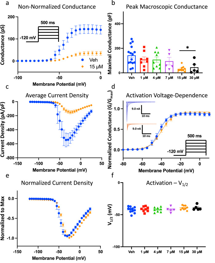 CBN does not affect activation, but it inhibits conductance in Nav1.7.a Conductance difference in Nav1.7 in vehicle and 15 µM CBN as a function of membrane potential. The holding-potential was −120 mV. The channels were held at −120 mV, followed by a series of step pulses at ∆5 mV, with each step being 500 ms long (see inset protocol inside of the panel). b Quantification of apparent peak macroscopic conductance at −25 mV across different CBN concentrations. Data shown as means ± SEM (n = 5–15). c Mean current density of hNav1.7 in vehicle and 15 µM CBN as a function of membrane potential. d Voltage-dependence of activation as normalized conductance plotted against membrane potential (Vehicle: V1/2 = −42.4 ± 1.4 mV, Slope = 3.9 ± 0.4, n = 11; CBN: V1/2 = −39.3 ± 1.1 mV, Slope = 5.9 ± 0.5, n = 9). e Normalized current density displaying unaltered activation. f Midpoints of activation across CBN concentrations. Data shown as means ± SEM (n = 5–15).