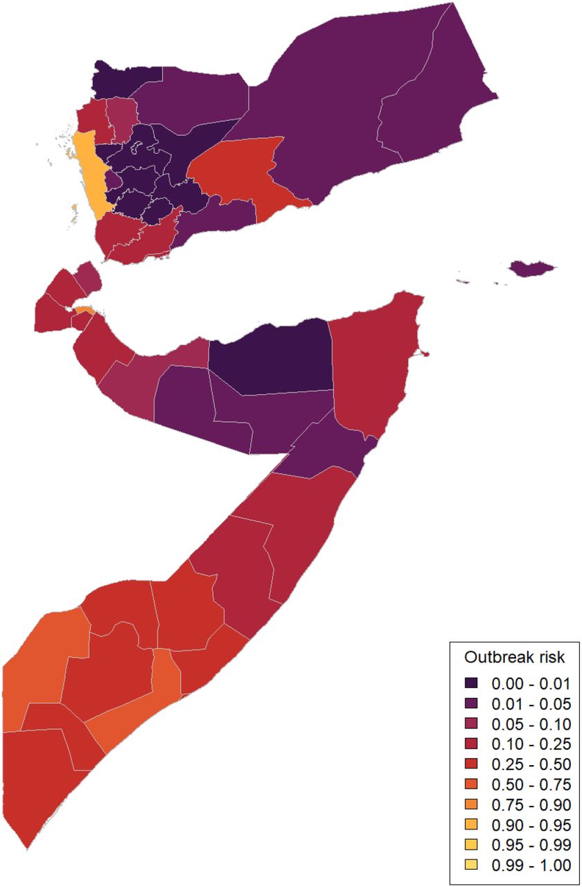 Map of underlying outbreak risk in first level subnational administrative regions in Djibouti, Somalia and Yemen in 2023. This is as calculated as the proportion of simulations where introducing a single infection propagates an outbreak given our underlying estimates of the basic reproduction number from [4].